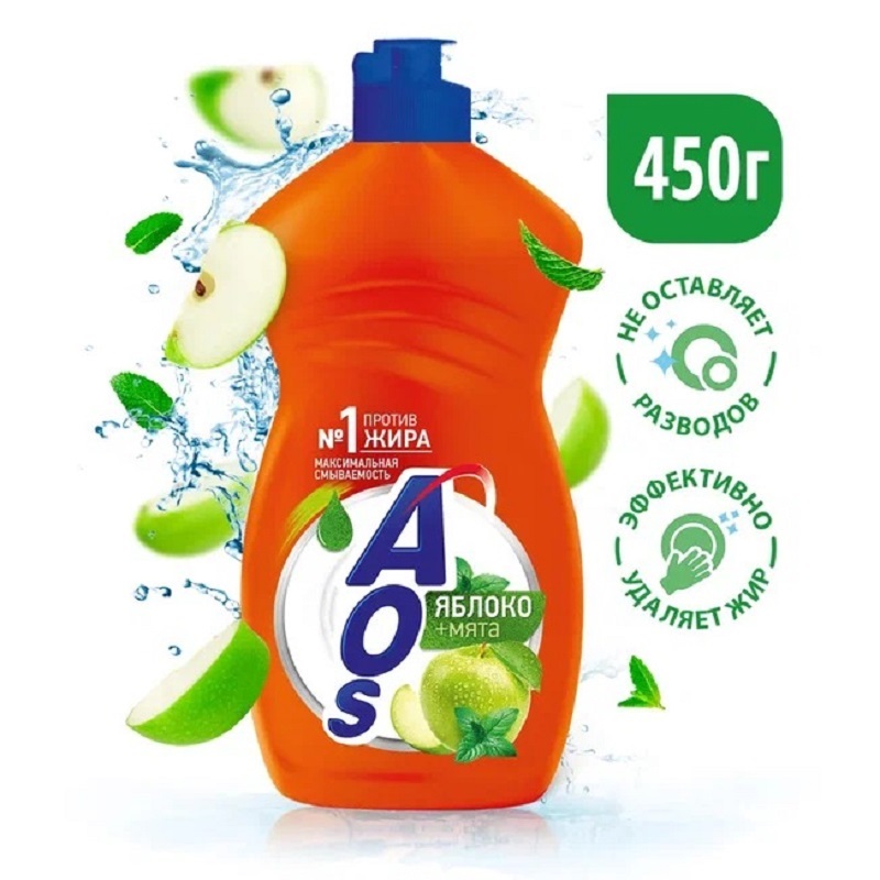 Средство для мытья посуды AOS Яблоко + мята, объем: 450гр