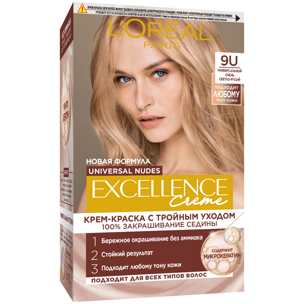 L'Oreal Paris Стойкая крем-краска для волос без аммиака Excellence Nudes, оттенок 9U, универсальный очень светло-русый