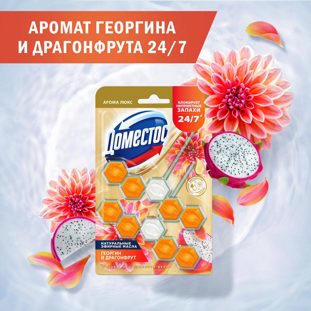 Набор блоков для унитаза Доместос Aroma Lux Экзотический букет, георгин и драгонфрут, 50г, 2шт