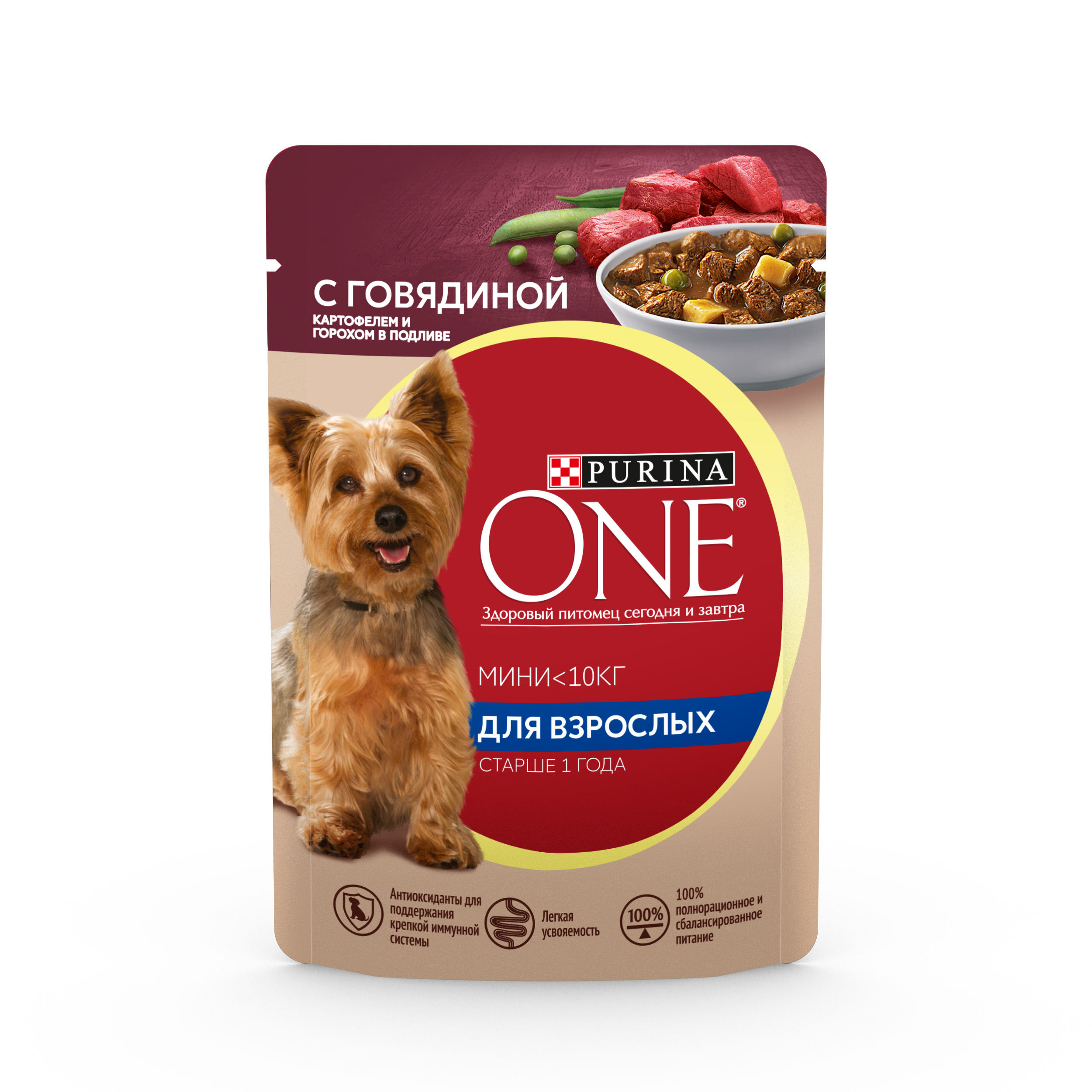 Влажный корм для взрослых собак малых пород Purina One, с говядиной, картофелем и горохом в подливе, 85г
