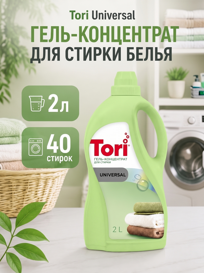 Гель-концентрат для стирки белья Tori Universal, 2 л, 40 стирок