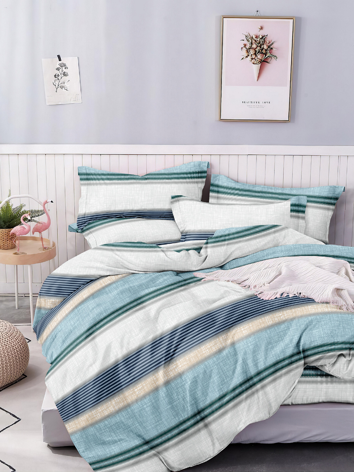 Комплект постельного белья F&H Provence, 2.0 спальный, бязь, 2 наволочки 70x70см, белый и голубой