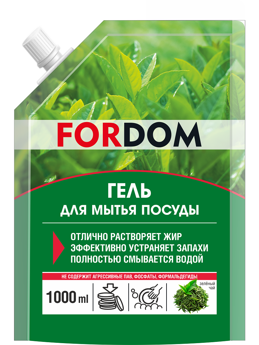 Гель для мытья посуды ForDom Зеленый чай, дой-пак, 1л