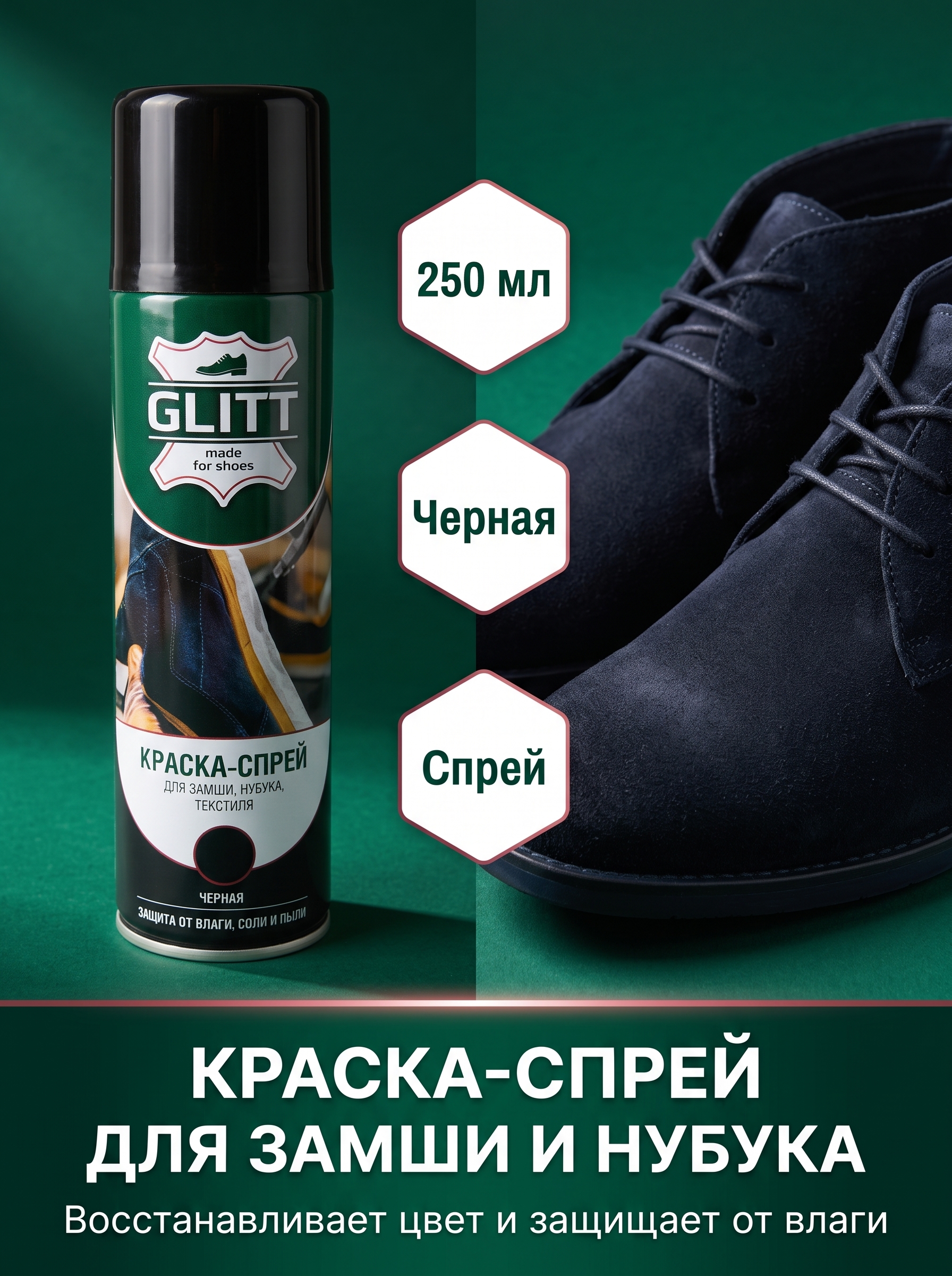 Краска-спрей для замши и нубука Glitt черная, 250 мл, восстанавливающая цвет, водоотталкивающая, для обуви