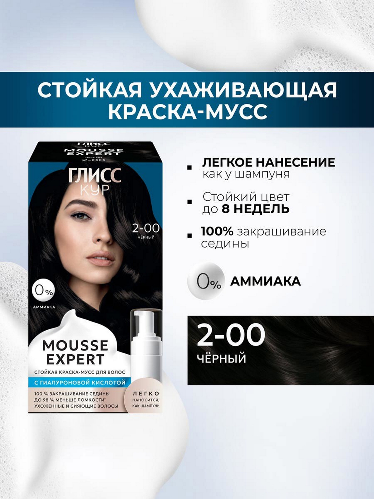 Краска-мусс для волос Глисс Кур Mousse Expert, тон: черный 2-00, 85мл