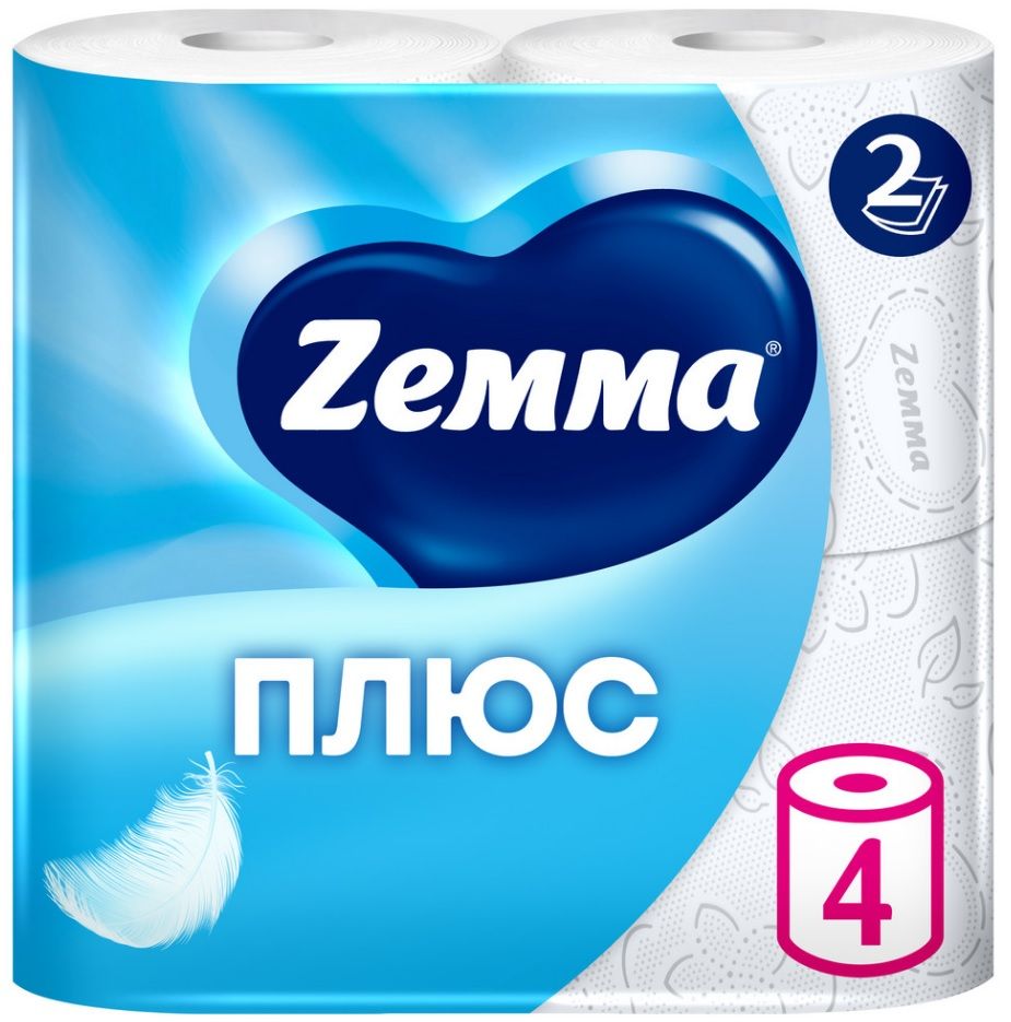 Туалетная бумага Zemma Плюс 2 слоя, 4 рулона, белая