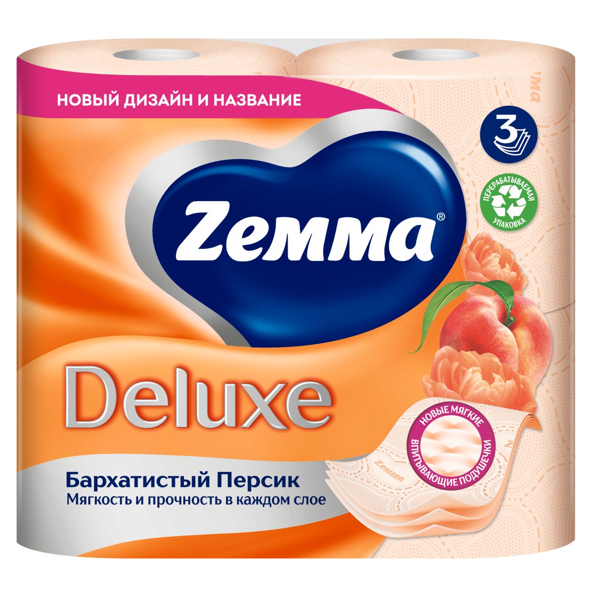 Туалетная бумага ZEMMA Deluxe Бархатистый персик, 3 слоя, 4 рулона