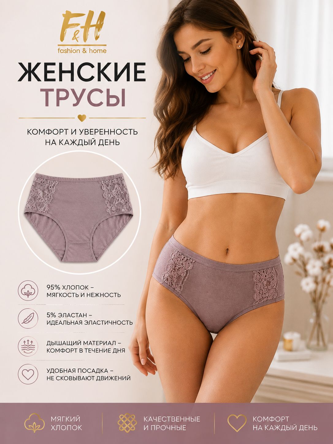Трусы женские F&H, кофе, 52-54