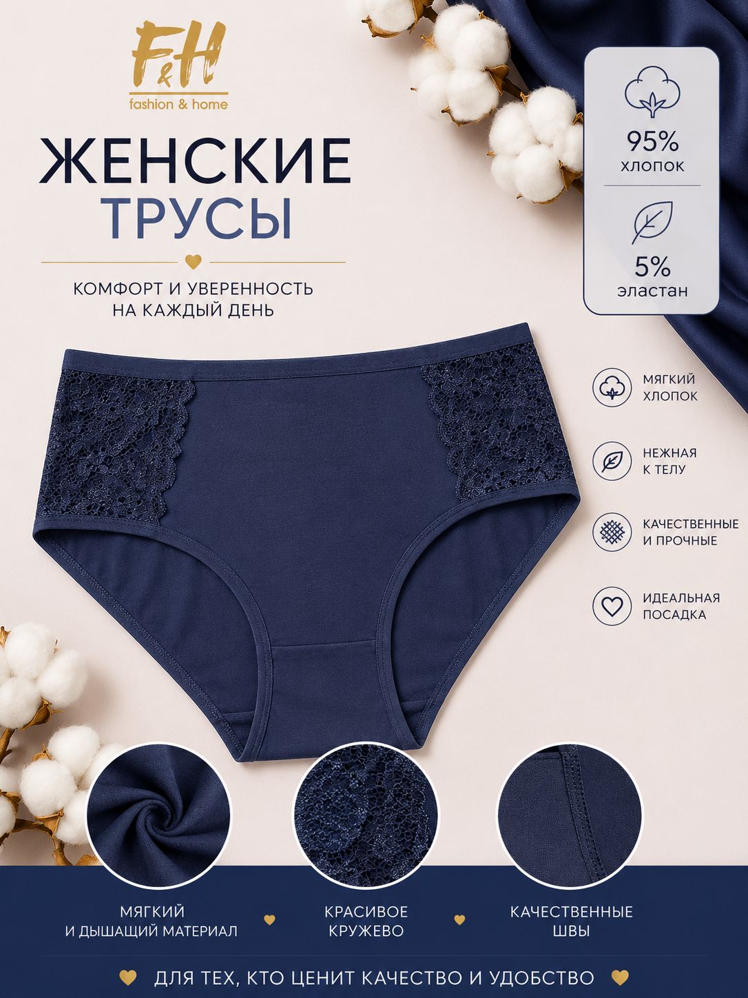 Трусы женские F&H, синий, 52-54