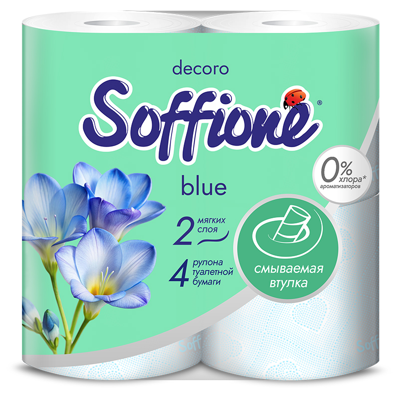 Туалетная бумага Soffione Декоро (Decoro), голубая, 2 слоя, 4 рулона